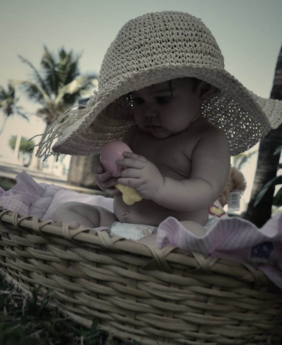 A baby in a wide sun hat sitting in a basket in the garden
